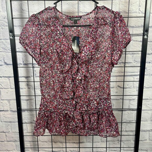 Express Sheer Floral Ruffle Blouse Top NWT Size Small - Picture 1 of 9